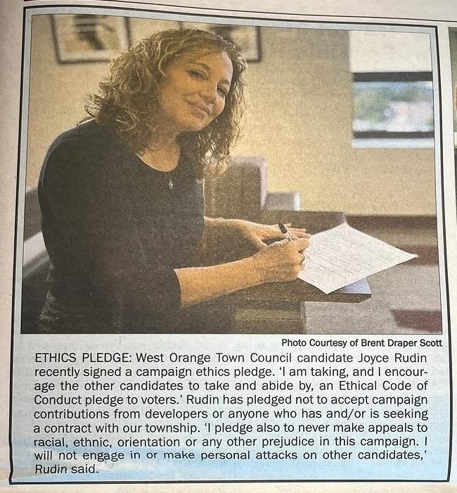 West Orange Chronicle clipping: Joyce Rudin signing a campaign ethics pledge