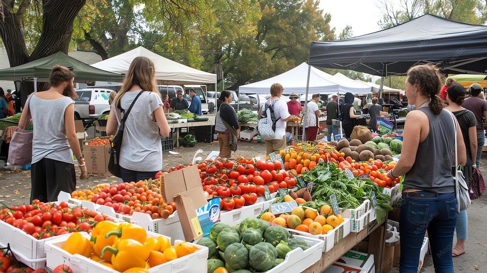 Shoppers at an outdoor farmers market