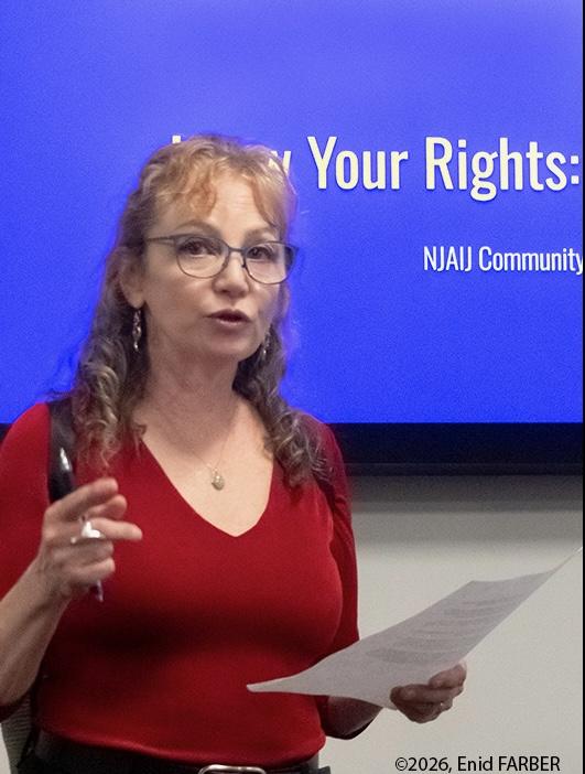 Joyce Rudin speaking at an NJAIJ “Know Your Rights” community event