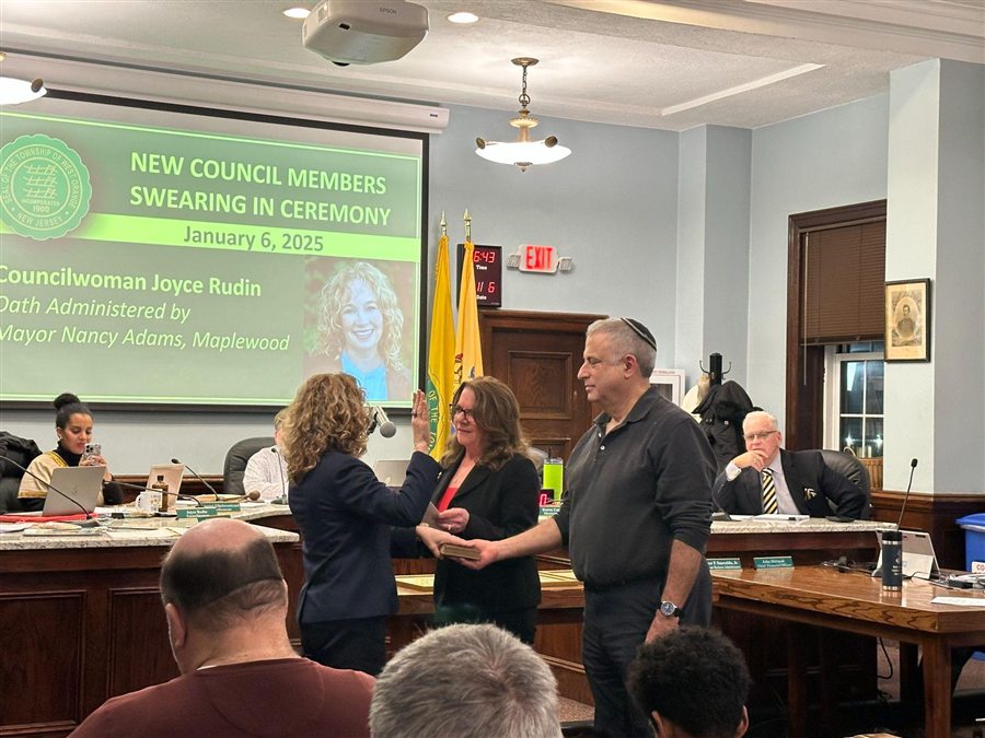 Joyce Rudin taking the oath of office at the West Orange Township Council swearing-in ceremony, January 6, 2025